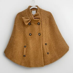 Cape Poncho Sweater Wool Blend Camel Button Pockets Bow Lined Luxury Aryn K
